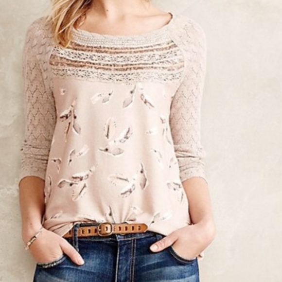 One September Aves Feather BoHo Mixed Media Top M - Picture 2 of 13